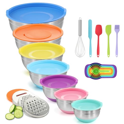 BEWOS Rührschüssel mit Deckel 7-teilig, Edelstahl Rührschüsseln mit Reibe, Nesting Design & Bunte Rutschfeste Böden Rührschüssel, Größen 4.3, 3.8, 3.3, 2, 1.4, 1, 0.7 L zum Mischen&Servieren