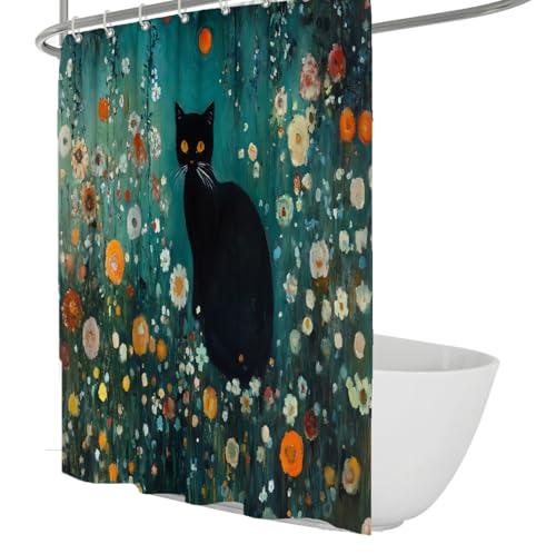 Rideau de douche chat noir imperméable en polyester avec crochets inclus