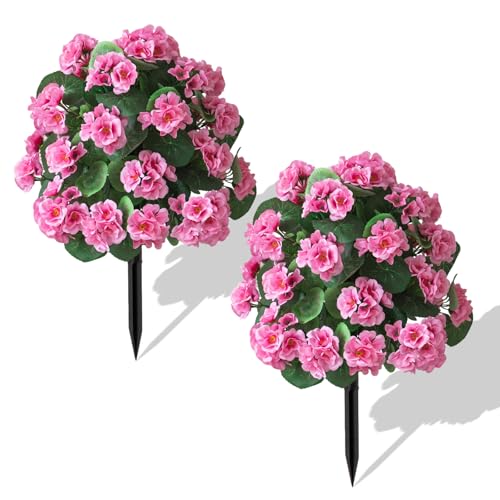 Artificial Topiary Set of 2 for Outdoor with Begonia Flower, Faux Topiary Boxwood Ball Tree with Ground Spike, UV Resistance Fake Shrubs Bushes Evergreen Plant for Indoor Garden Front Porch (Pink)