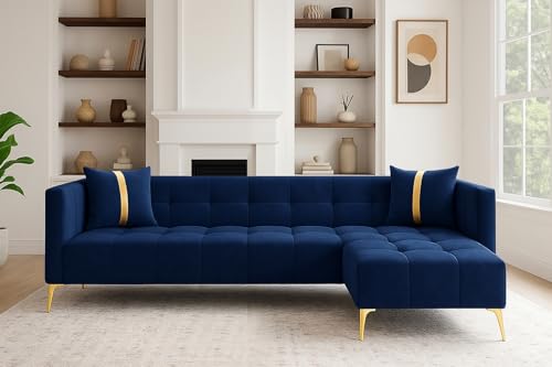 Image of FURNY Styliving 6 Seater Fabric RHS L Shape Sofa Set (Blue) with Golden Finish Legs | Durable & Comfortable | Ideal for Living Room