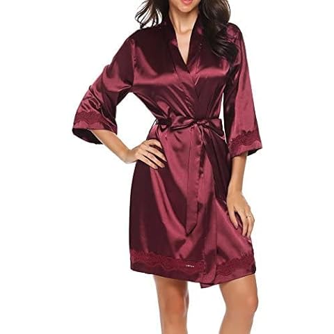 Ekouaer Robes for Women Sexy Sleepwear Lace-Trim Kimono Bathrobe Bridesmaid Bride Robe,Wine Red S Cover