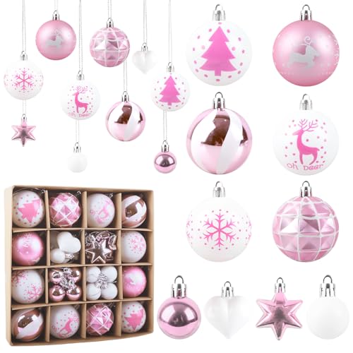 Aitsite 38 Pcs Bolas Arbol de Navidad Rosa y Blanco, 6CM/3CM Bolas de Navidad de Plástico de con Adornos Colgantes Navidad Inastillables Decoraciones para Árboles de Interior y Exterior