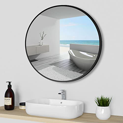 80cm Round Mirror, Large Circle Hanging Wall Mirror with Black Metal Frame, Home Decorative Wall Mounted Vintage Art Makeup Vanity for Living Room Dressing Room Bedroom Bathroom Hallway