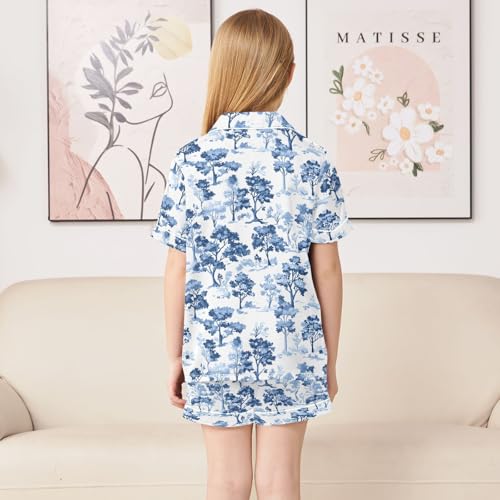 Blue Forest Tree Pajamas Sets Short Sleeve Silk Stain Pjs Button Down Sleepwear for 5-14Y4