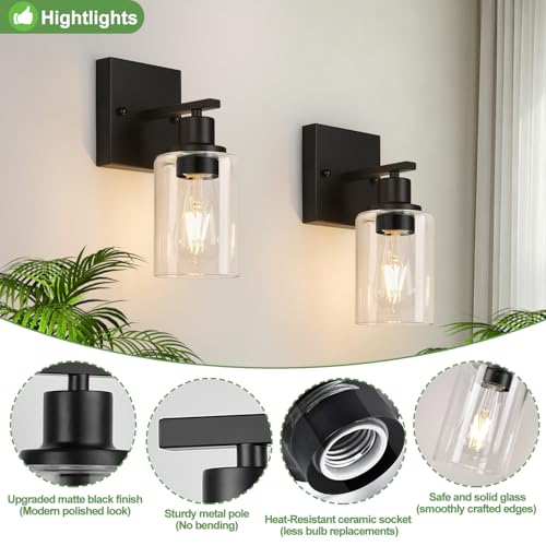 Image of Indoi Set of 2 Wall Sconces for Bathroom, Matte Black Modern Vanity Lights with Clear Glass Shade, Bathroom Wall Lamp for Mirror Kitchen Living Room Hallway Cabinet Porch