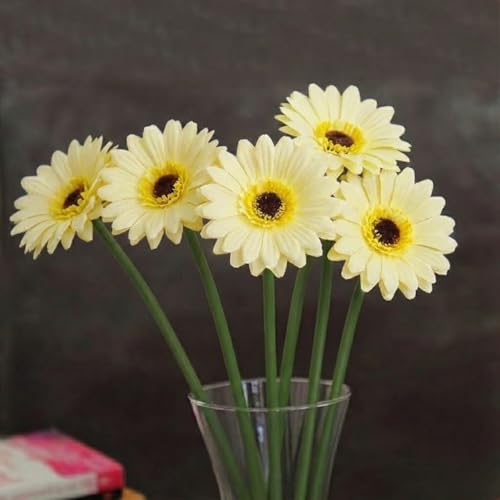 Image of Artificial Gerbera Flower Sticks (Pack of 5) for Decoration Yellow Faux Flowers for Vases Home Office Living Room Wedding and Party Long Lasting Washable and Reusable Floral Arrangement