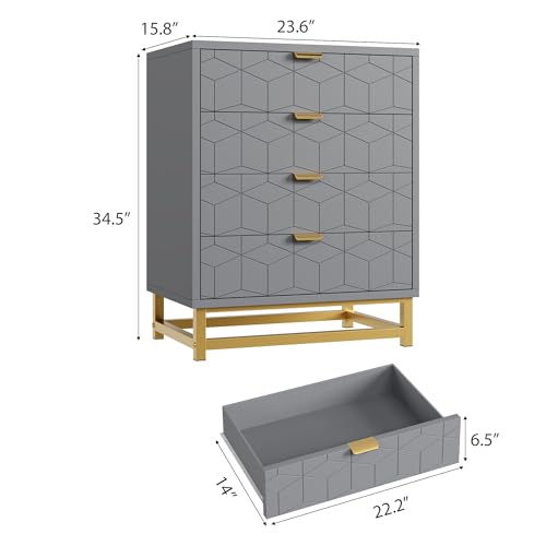 Grey Dresser, 4 Drawer Dresser for Bedroom, Modern Dressers with Gold Metal Handles for Living Room, Hallway, Entryway