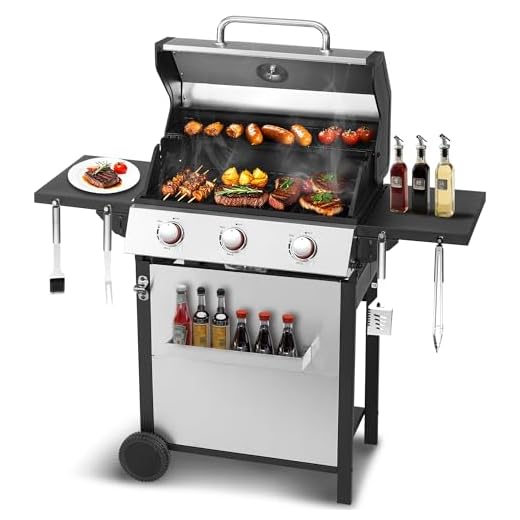 3-Burner Propane Gas Grill with 30,000 BTU Output - Double-layer Stainless Steel Grill Lid, Cast Iron Cooking Grids, Easy-Clean Grease Management & Even Heat Distribution for Perfect BBQs