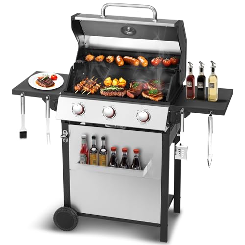 3-Burner Propane Gas Grill with 30,000 BTU Output - Double-layer Stainless Steel Grill Lid, Cast...