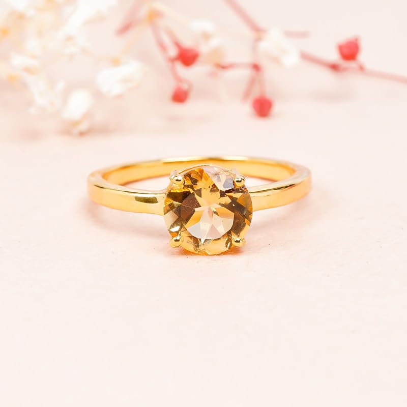 Bague solitaire argent 925 citrine ronde anti-ternissement