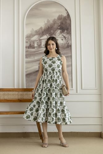 Image of Daevish New Rayon Floral Printed Flared Midi Dress for Women | Women Calf Length Dress