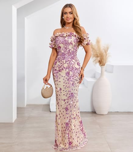 Image of dasmzper Women Sexy Sequin Off Shoulder Ruffle Short Sleeve Bodycon Mermaid Party Formal Evening Maxi Dress