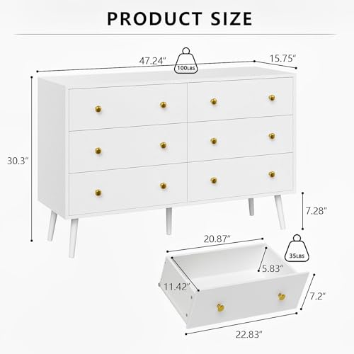 LYNSOM Dresser for Bedroom, 6 Drawer Modern White Dresser with Wide Drawer and Metal Handles, Modern Dressers & Chests of Drawers for Hallway Entryway - Thumbnail 2