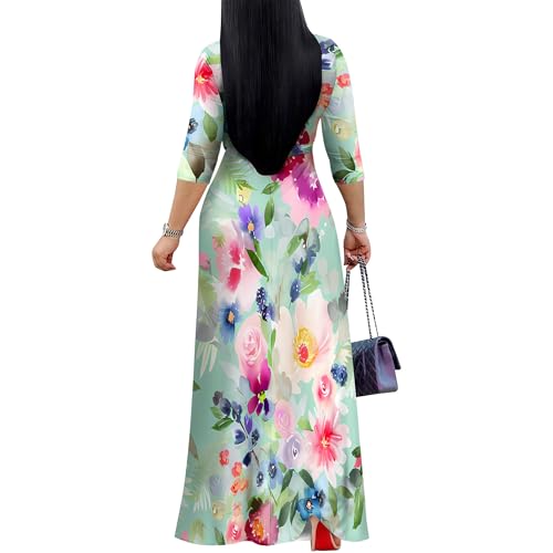 Image of PinkPatty Women's Print Maxi Dresses 3 /4 Sleeve Flowy Long Dress V Neck Wrap Tie Waist Sundress