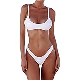 SherryDC Women's Solid Scoop Neck Push up Padded Brazilian Thong Bikini Swimsuit,White,(US 4-6)M