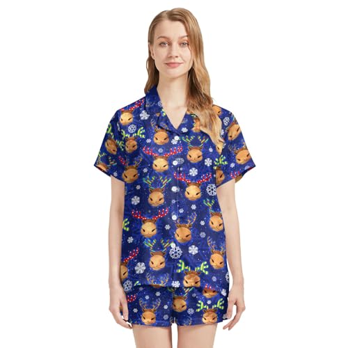 Image of Funny Pajamas for Women Set Print Satin Loungewear Pjs Short Sleeve Button Down Top and Shorts Sets Sleepwear XS-3XL