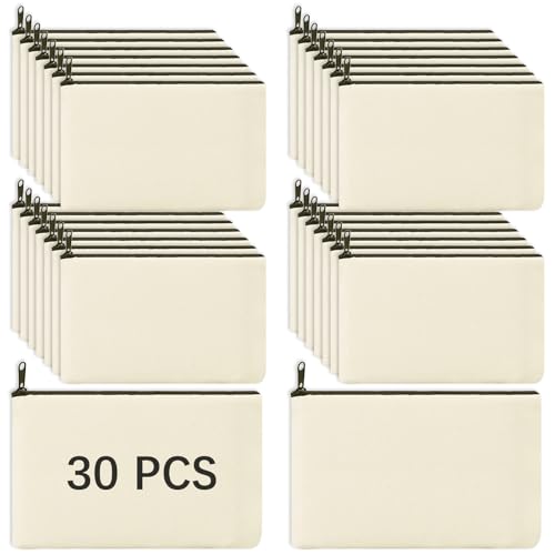 OKBA 30 Pack Blank DIY Craft Canvas Zipper Bag Cosmetic Bag,Sublimation Makeup Bags Blanks,Multi-Purpose Canvas Pouches Bulk 7.28×4.72 Inch Beige