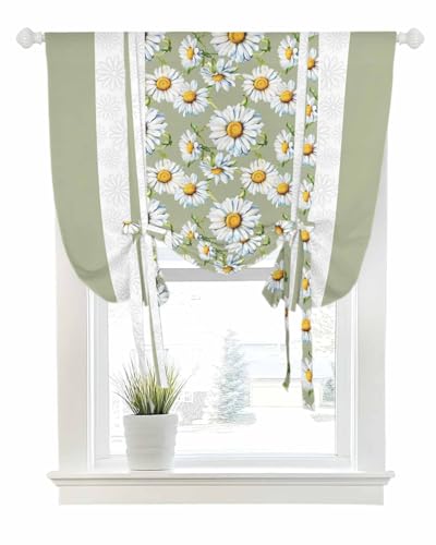 Tie Up Curtains for Windows Watercolor Farm Daisy Flowers Rod Pocket Tie-Up Window Shade Adjustable Balloon Curtain Valance Green White Striped for Bedroom Kitchen Bathroom Blinds,34x45in