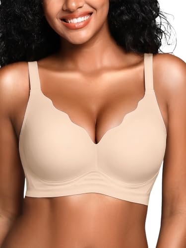 Cuteio Wireless Jelly Bras for Women No Underwire with Support - Seamless Wirefree Bralettes Everyday Full Coverage Comfort Tshirt Padded Bra Nude L