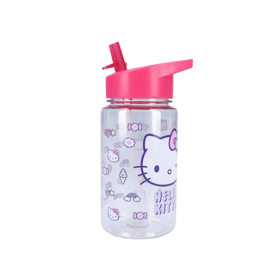 My Sweety Pop Girls Hello Kitty - Transparent/Pink - 'S Hello Kitty Transparent Plastic Water Bottle - For Children - Nursery, Kindergarten, School, Holiday, Meal - 12Cm - 450Ml - Hydration - Gift Idea (Hello Kitty - Pink)