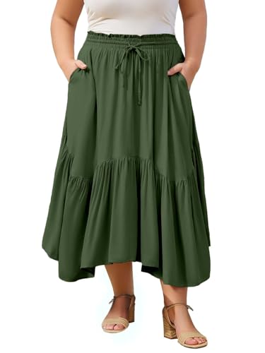 Moon Wood Women's Plain Maxi Skirts Elasticated High Waist Long Skirt Boho Ladies Tiered Flowy A Line Skirts Plus Size Ruffles with Pockets Military Green 3XL