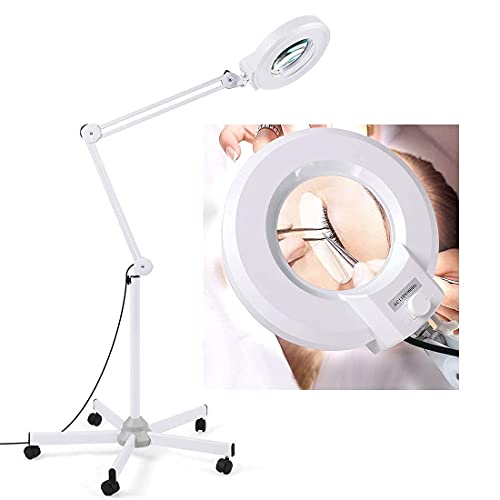 Magnifying Floor Lamp with 5 Wheels Rolling Base, 8 Diopter Real Glass Lens, 5X Magnifier with 2200 Lumens Dimmable LED Light for Close Work, Adjustable Swivel Arm Standing Lamp for Lash Extensions