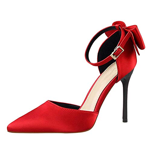 Minetom Zapatos De Tacón Altas con Rhinestone para Mujer Verano 2018 Moda Noche Clásicos Tacón De Aguja La Punta del Pie Fiesta Negocios Sandalias De Vestir Rojo 36 EU