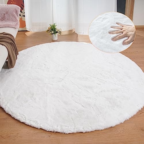 White Shag Round Rugs 8ft for Dining Room Table Faux Bunny Machine Washable Fur Area Rugs for Bedroom Living Room Nursery Circle Rug