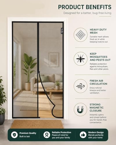 Image of Magnetic Mosquito Screen Door Net Curtain with Magnets Reinforced Polyester Curtain Back Door Mesh with All in One Insect Control | Insect Repellent Size 7 feet Black Color