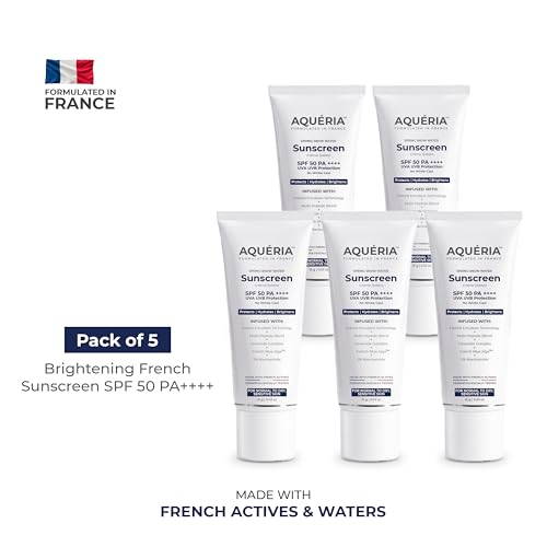 Image of Aqueria Brightening & Moisturizing Multi-Active French Sunscreen SPF 50 PA++++ | In-Vivo /In-Vitro Tested | Travel Pack | 5% Niacinamide, 5 Ceramides & Vitamin E | Modern UV Filters | Broad Spectrum UVA /UVB & Blue Light Protection | Lightweight, No White Cast, Sweat Resistant | Suitable for Daily Use | For Normal, Dry & Sensitive Skin | Pack of 5 (75G)