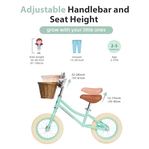 Image of ACEGER 12 inch Kids Balance Bike with Basket, Toddler Bicycle for Early Learning Leg Strength and Steady Balancing, Durable Frame&Tool-Free Adjustable Seat, Gift Bike for 2-5 Kids, No Brake