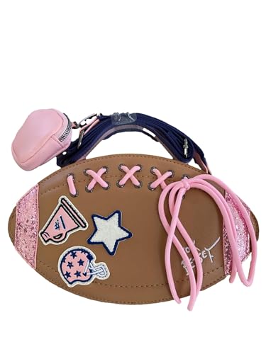 Betsey Johnson Kitsch XO FAN Brown Faux Leather Sports Football White Glitter Star Pink Embroidered Cheerleader Helmet Patches Detail with Removable Pink Zipper Pouch Crossbody Shoulder Bag Handbag
