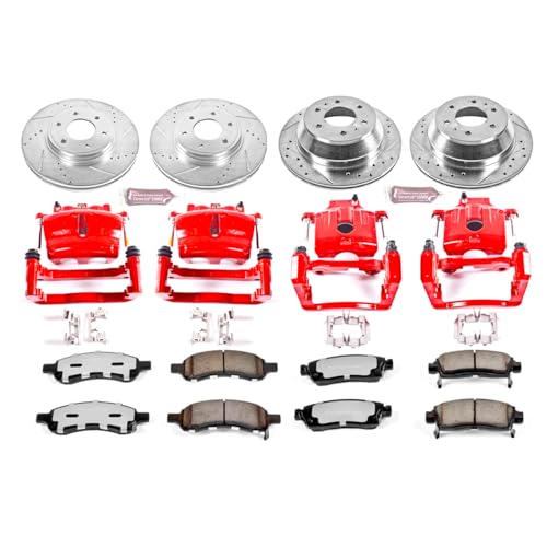 Image of PowerStop Front and Rear Brake & Caliper Kit for Chevrolet Trailblazer 2006-09 | Saab 9-7x 2008-09 - Drilled & Slotted Disc Rotors + Z36 Brake Pads + Red-Powder Coated Calipers, KC1454-36