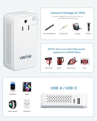 Image of Mini 220V to 110V Converter for European Travel, VINTAR 200W Universal Travel Adapter Voltage Converter US to Europe, International Step Down Power Converter Adapter Combo for EU UK AUS India