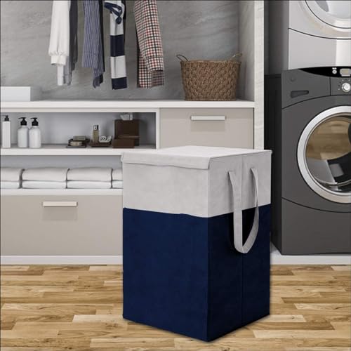 Image of Non Woven Printed Rectangular Foldable Laundry Bag | Lid And Handle Clothes Storage Organiser For Bedroom Dorm Closet Utility Container | 75L Laundry Basket | Grey Navy Blue