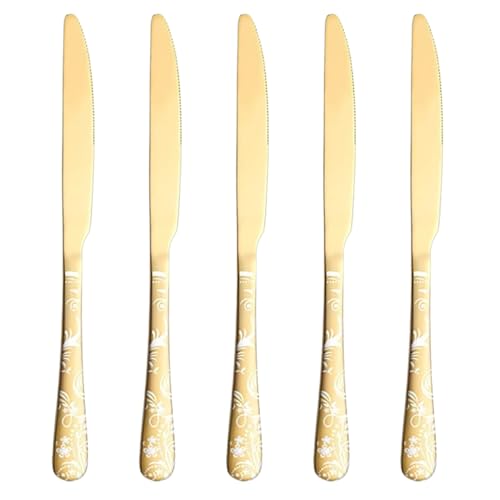 Image of 9.1 inch Aurum Gold Dinner Knives With Floral Printed Handle | 5-Piece Premium Stainless Steel Flatware Set of Steak Knives | Elegant Cutlery for Home, Restaurants, and Gifting