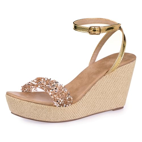 Taytoe Ankle Strap Espadrille Platform Wedge Sandals for Women, Open Toe Wedge Heels for Women Dressy, Black/Gold - Main Image