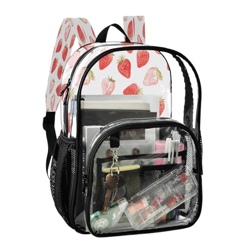 Cute Watercolor Strawberry Clear Backpack - Stadium Approved Large 15.7-inch Waterproof Transparent Bag for Sports, Concerts, Work, Travel#1002