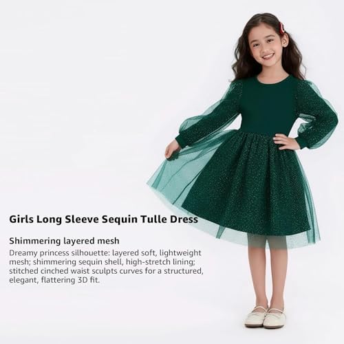 Little Bitty Girls Long Sleeve Sequin Tulle Dress Wave Pattern, Crew Neck Layered Lantern Sleeves Winter Christmas Green 5T — view 4