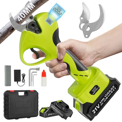 VOERJIA Akku Astschere Elektrische Gartenschere 40mm Schnittdurchmesser, Bürstenloser Motor, LCD Anzeige, 2x 21V 2000mAh Akku, Kabellose Baumschere für Obstbaum & Gartenarbeit