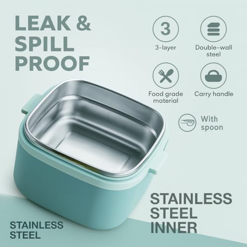 Image of 3 Layer Stainless Steel Insulated Lunch Box-Tiffin Box for Kids,Adults| Leak Proof Double Wall Lunchbox for Office, School Use with Spoon & Lid -Color May Vary (Square)