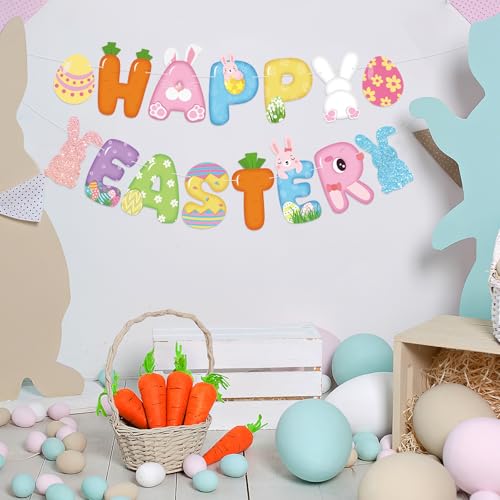 Image of Happy Easter Banner Bunny Party Decor Easter Garland with Eggs Chick Carrot Signs for Spring Party Classroom Home Wall Decor Birthday Baby Shower Party Decoration Supplies