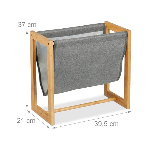 Relaxdays Zeitschriftenhalter, Bambus & Stoff, HBT: 37 x 39,5 x 21 cm, A4, Magazinhalter, Zeitungshalter, natur/grau