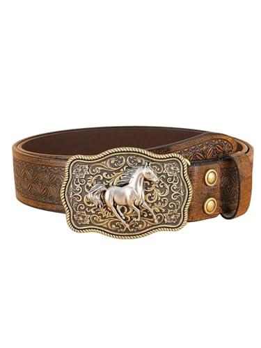 Mens Western Cowboy Leather Belts, Genuine Leather belts, Horse Pattern, Floral Engraved Buckle Belt