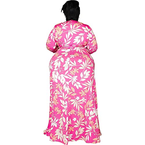 Image of BFFBABY Women's Wrap V Neck Plus Size Maxi Dresses 3 /4 Sleeves Chain Floral Printed Swing Dress with Belt