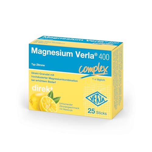 Magnesium Verla 400 direkt Zitrone Hochdosiertes Magnesiumcitrat & Magnesiumoxid als praktische Direkt-Sticks bei erhöhtem Magnesiumbedarf 400 mg pro Stick Einnahme nur 1x täglich 25 St