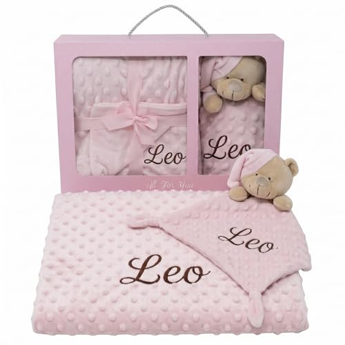 SticTag Pack Manta Bebé Personalizada con Nombre Bordado con Doudou Crochet Regalo Personalizado Bebe Recién Nacido Niño Niña Mantita Suave 110x80 cm Dou Dou 25x25 cm Apego Baby Shower Bautizo