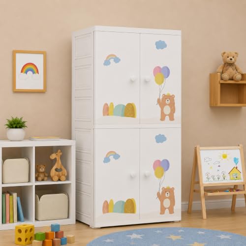 Image of Kids Plastic Collapsible Wardrobe Organizer for Storage with Drawers | Cute Cartoon Design | Heavy Duty Runner Rug Floor Mat Carpets Organizer Bedroom, Living Room (Balloon Bear, 2-Door)