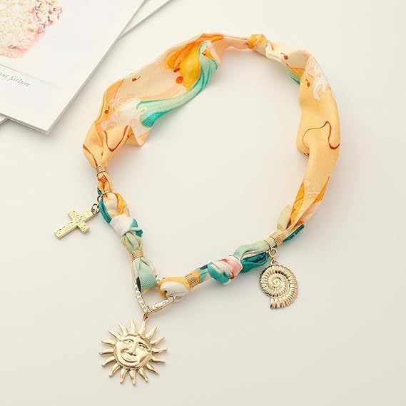 Scarf Ocean Necklace For Women Adjustable Charm Silk Tie Choker Necklaces Boho Sun Conch Fish Pendant Scarf Necklaces Dainty Beach Jewelry For Women - Image 5