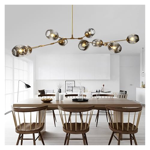 Lustre nordique en branches d'arbre à 5 lampes en verre gris fumé pour salon